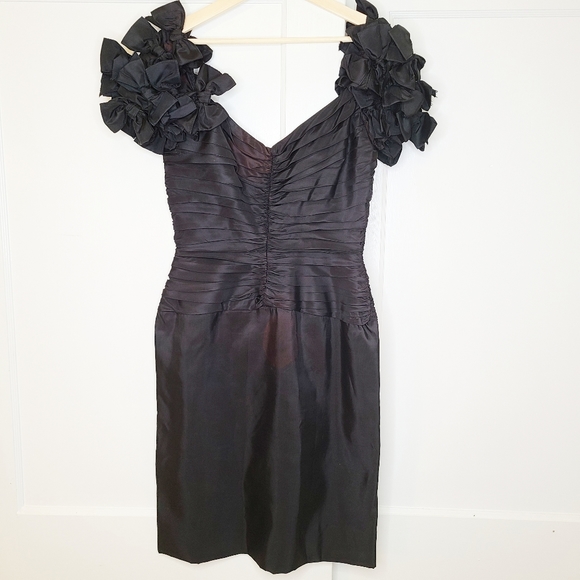 Vintage 80s Tadashi Black Taffeta Bow Dress - Picture 4 of 7
